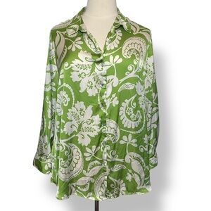 Haver London Top‎ Green White Floral Button Down Blouse Satin Size 2X NWOT